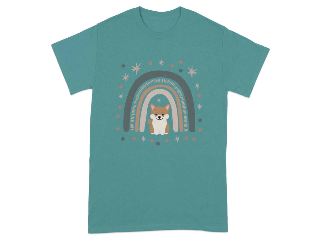 Cute Cartoon Shiba Inu with Rainbow Design T-Shirts Antique Jade Dome T-shirt