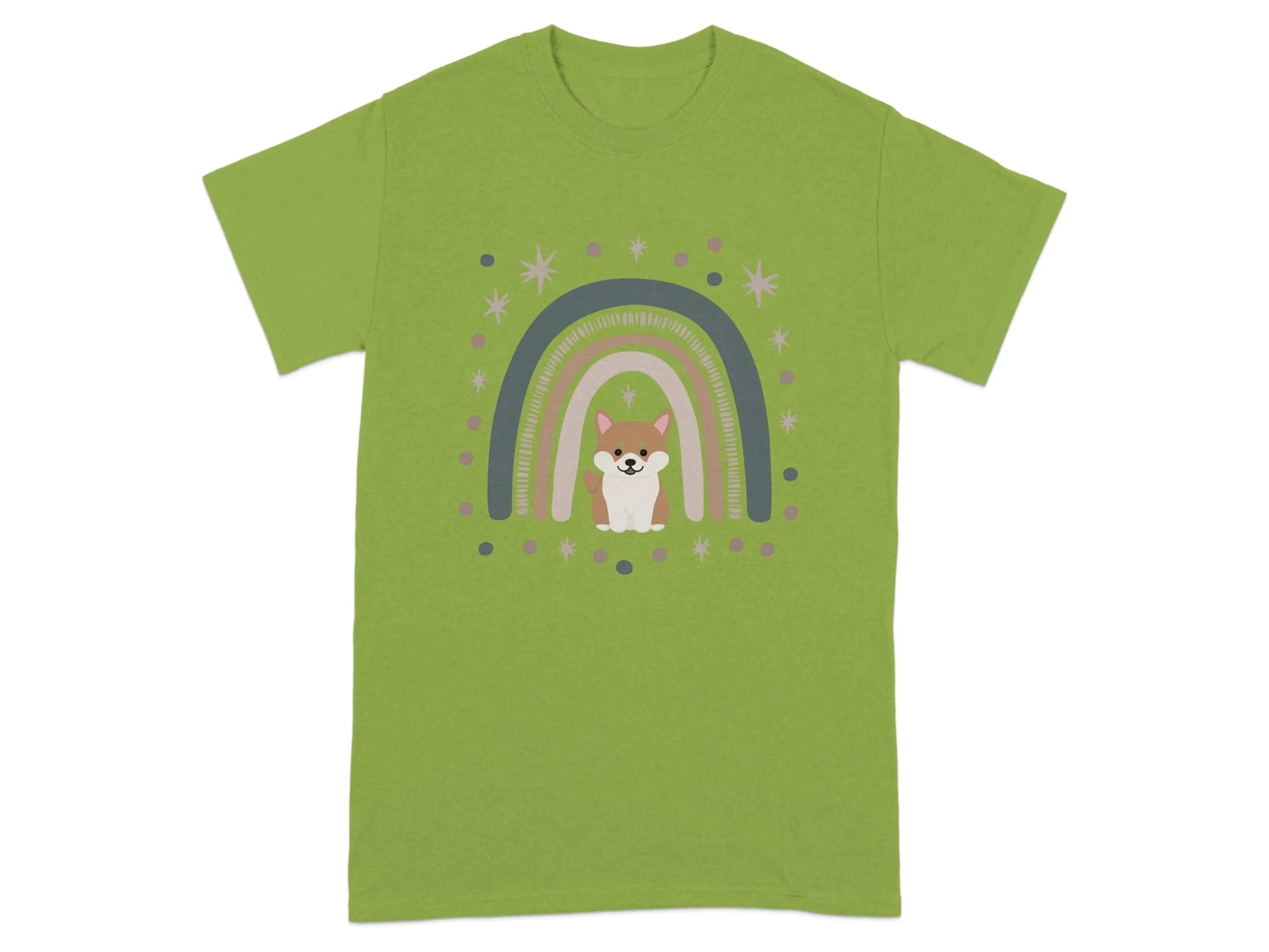 Cute Cartoon Shiba Inu with Rainbow Design T-Shirts Kiwi T-shirt