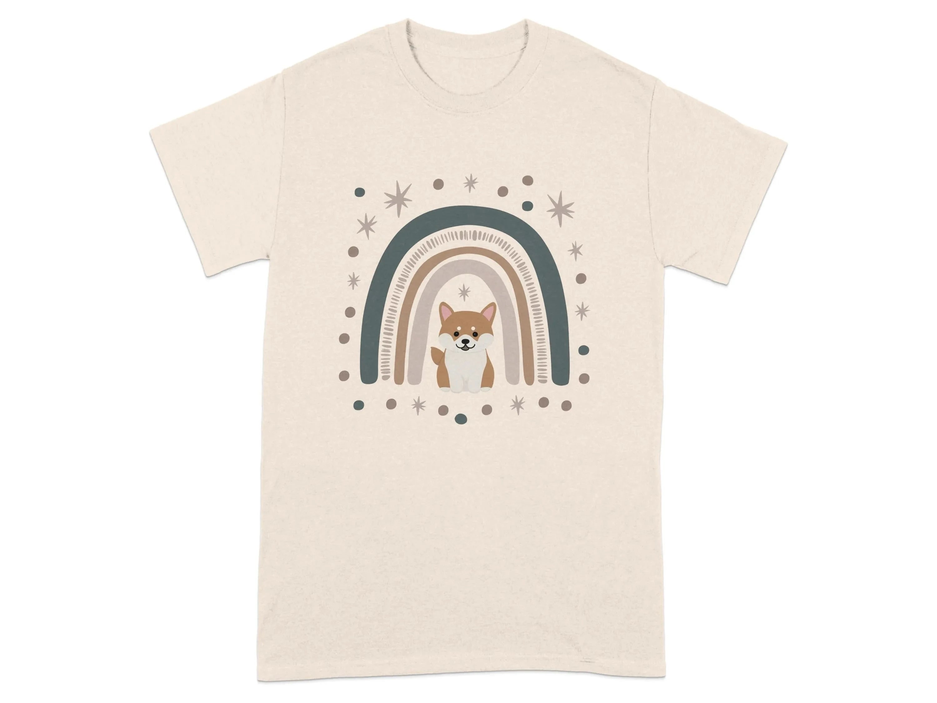 Cute Cartoon Shiba Inu with Rainbow Design T-Shirts Natural T-shirt