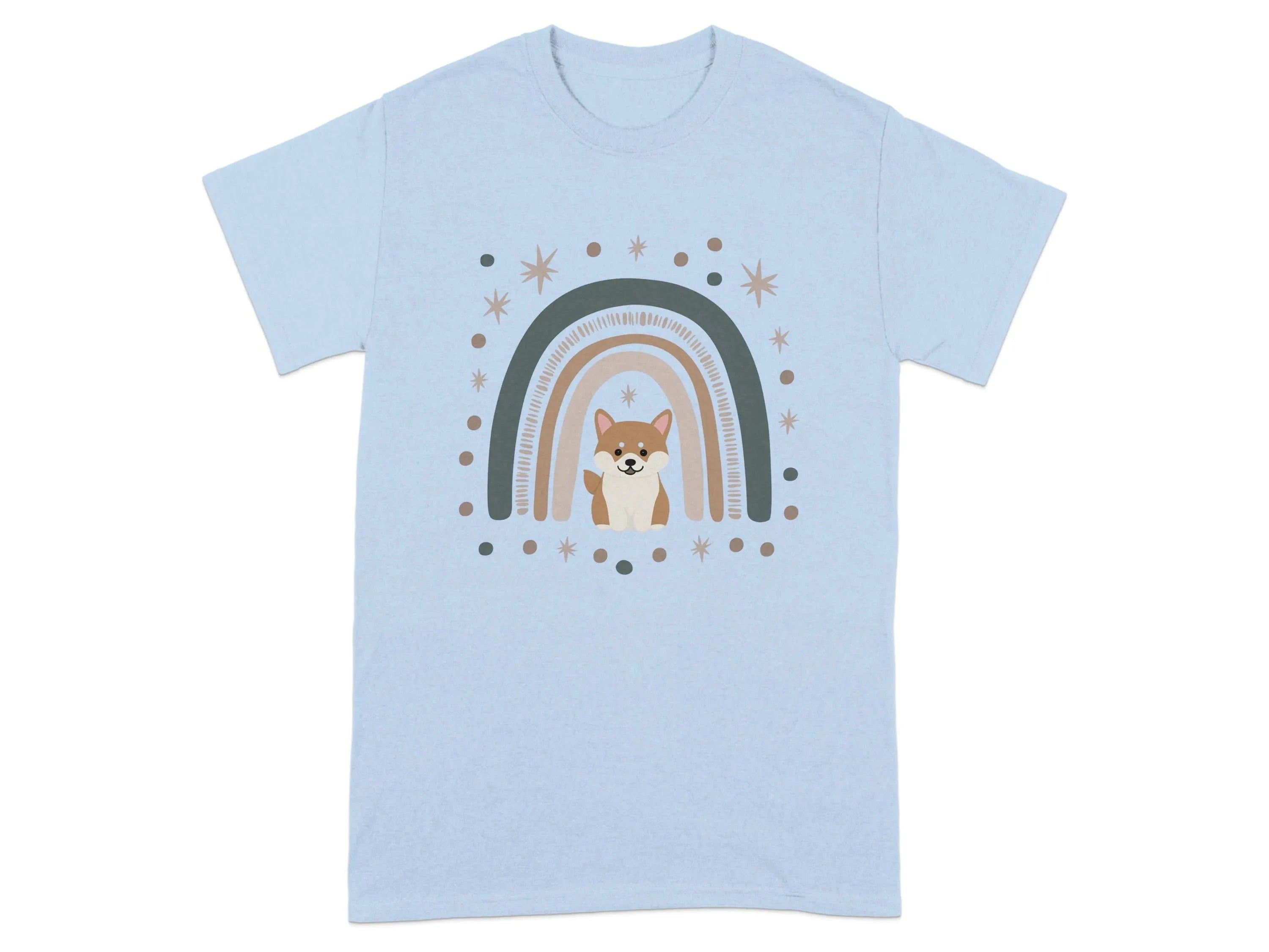 Cute Cartoon Shiba Inu with Rainbow Design T-Shirts Light Blue T-shirt