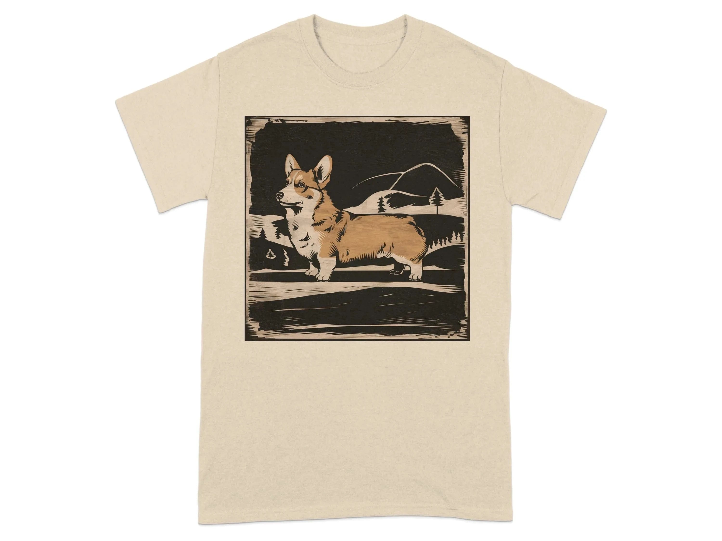Cute Corgi with Mountains Design T-Shirts Sand T-shirt