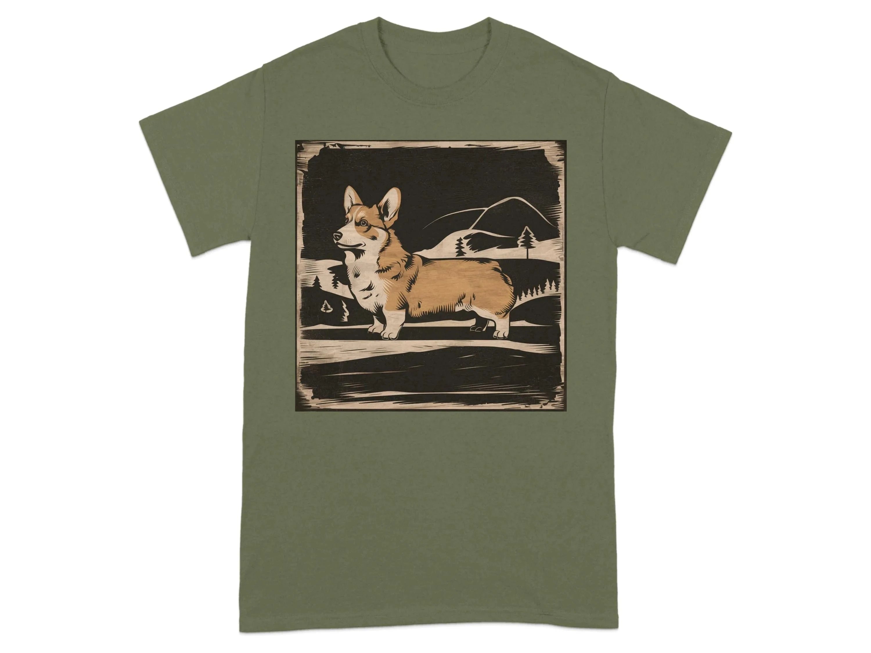 Cute Corgi with Mountains Design T-Shirts Military Green T-shirt