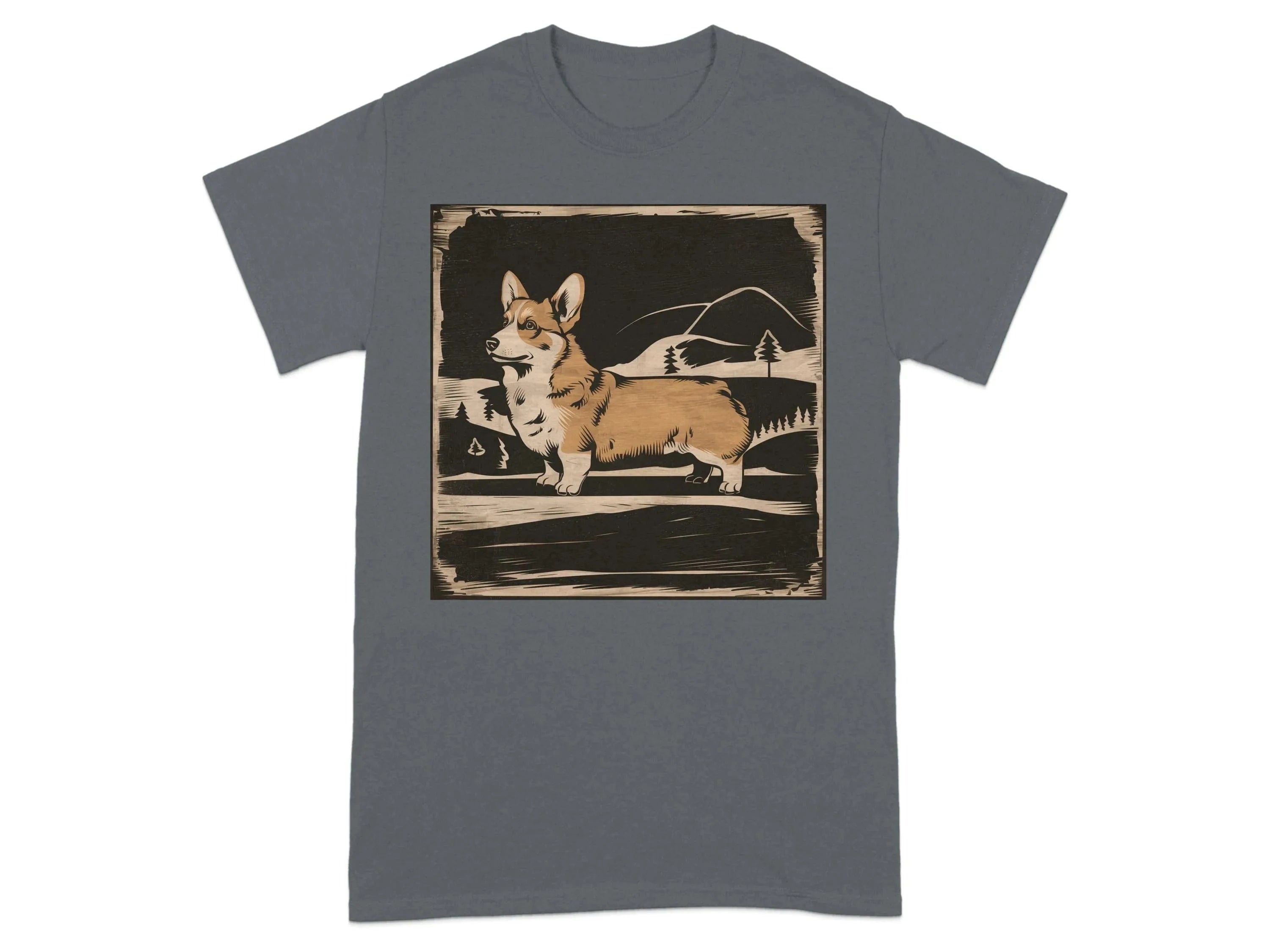 Cute Corgi with Mountains Design T-Shirts Charcoal T-shirt
