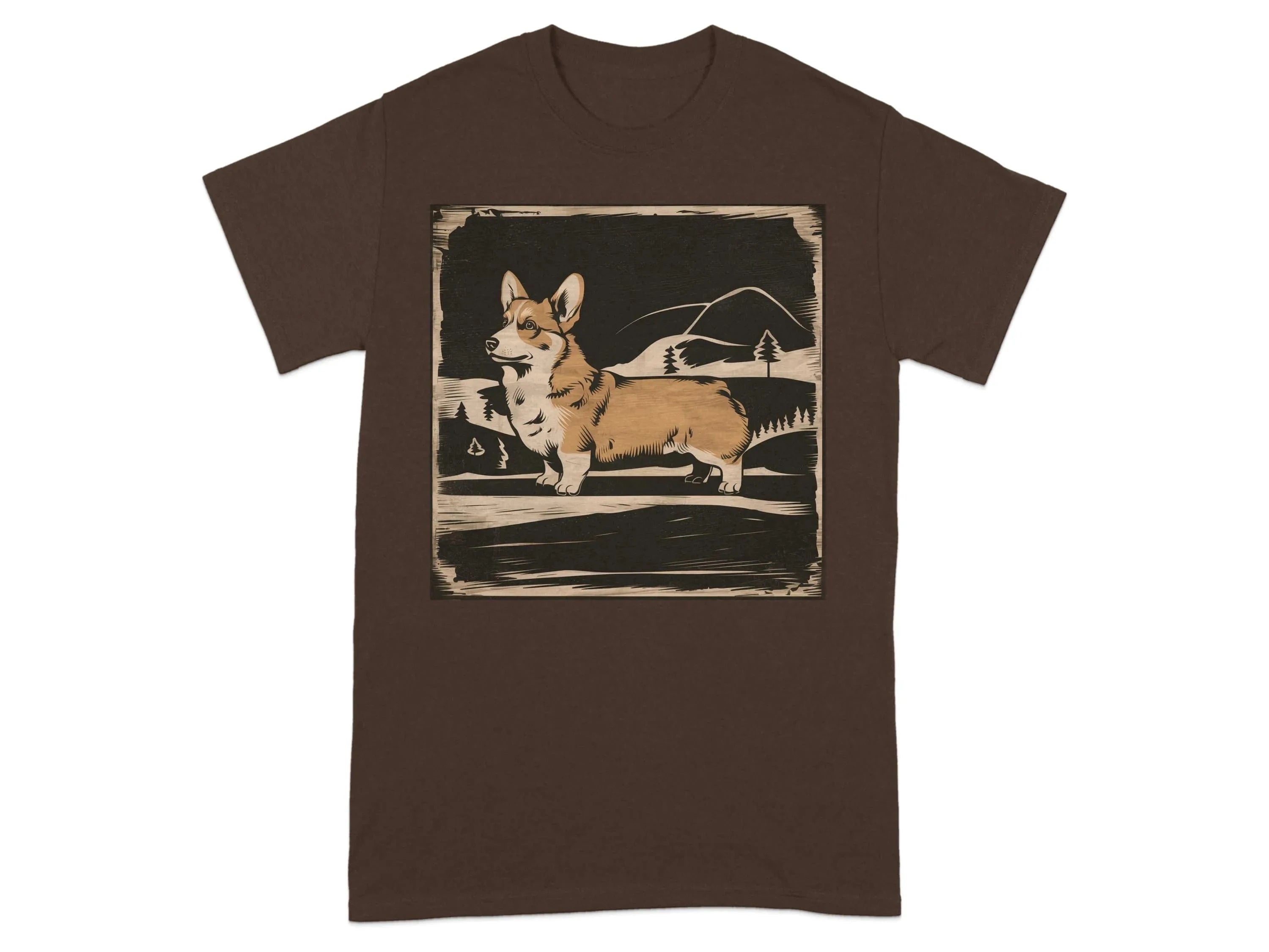 Cute Corgi with Mountains Design T-Shirts Dark Chocolate T-shirt