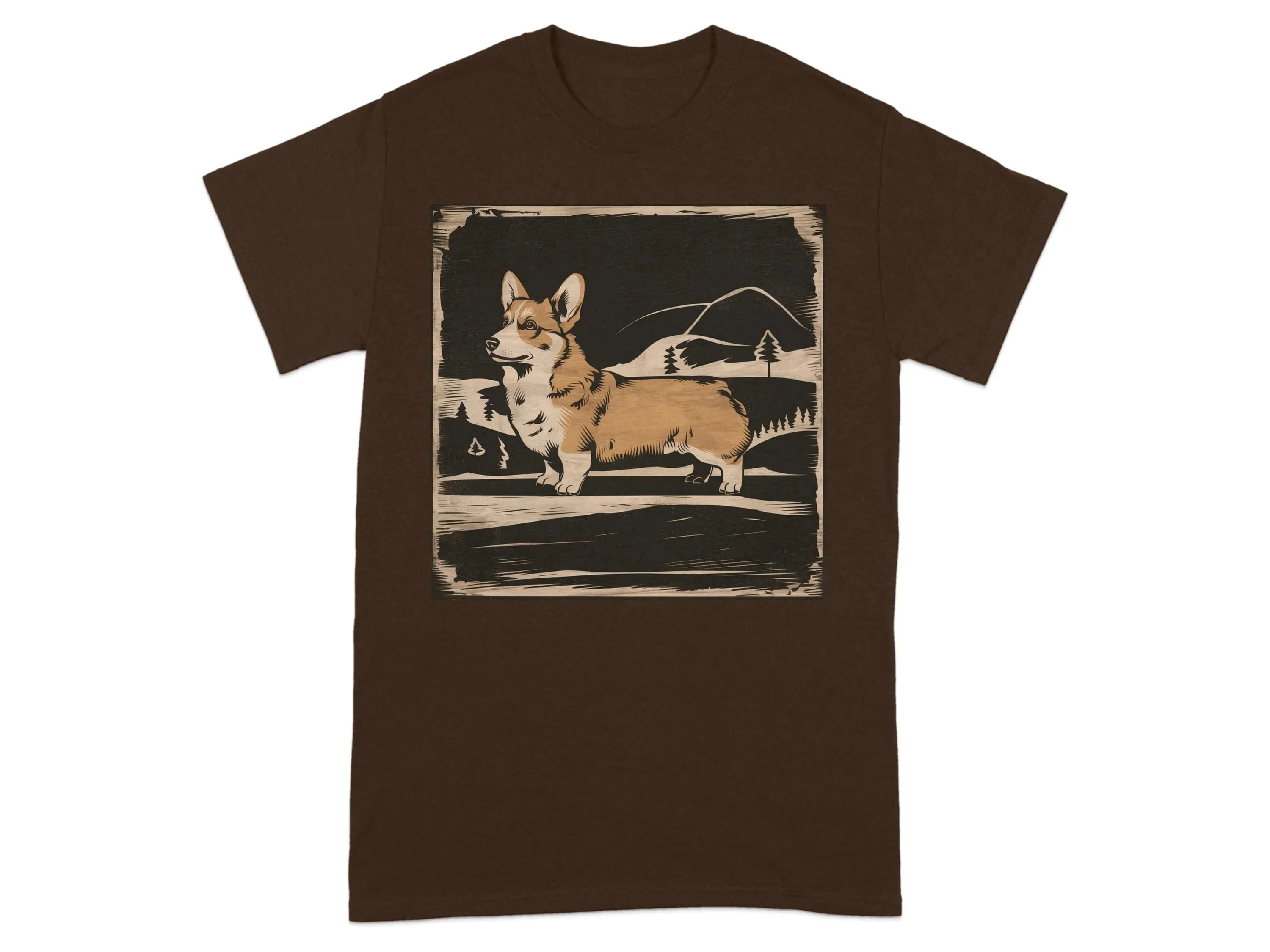 Cute Corgi with Mountains Design T-Shirts Russet T-shirt