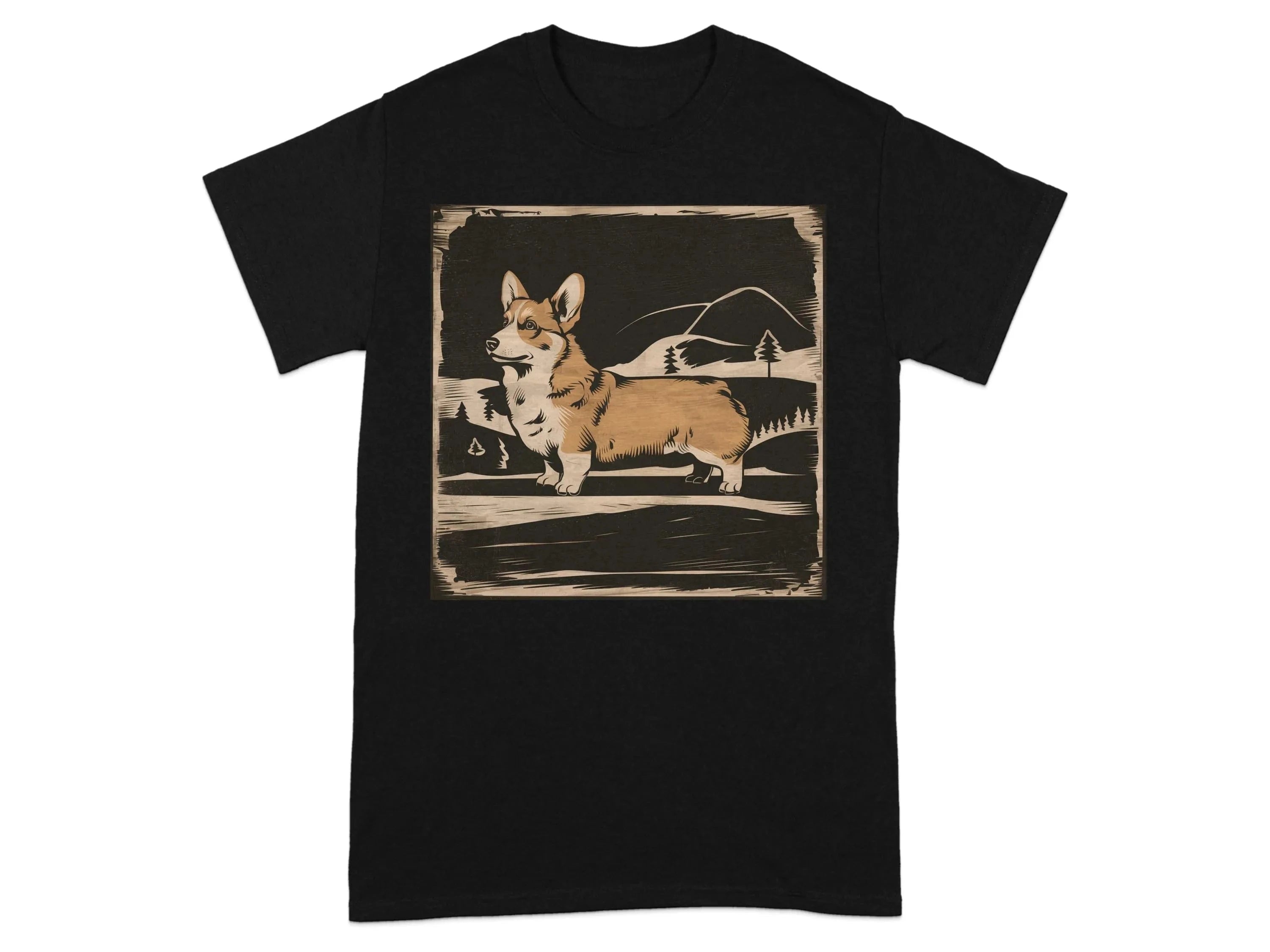Cute Corgi with Mountains Design T-Shirts Black T-shirt