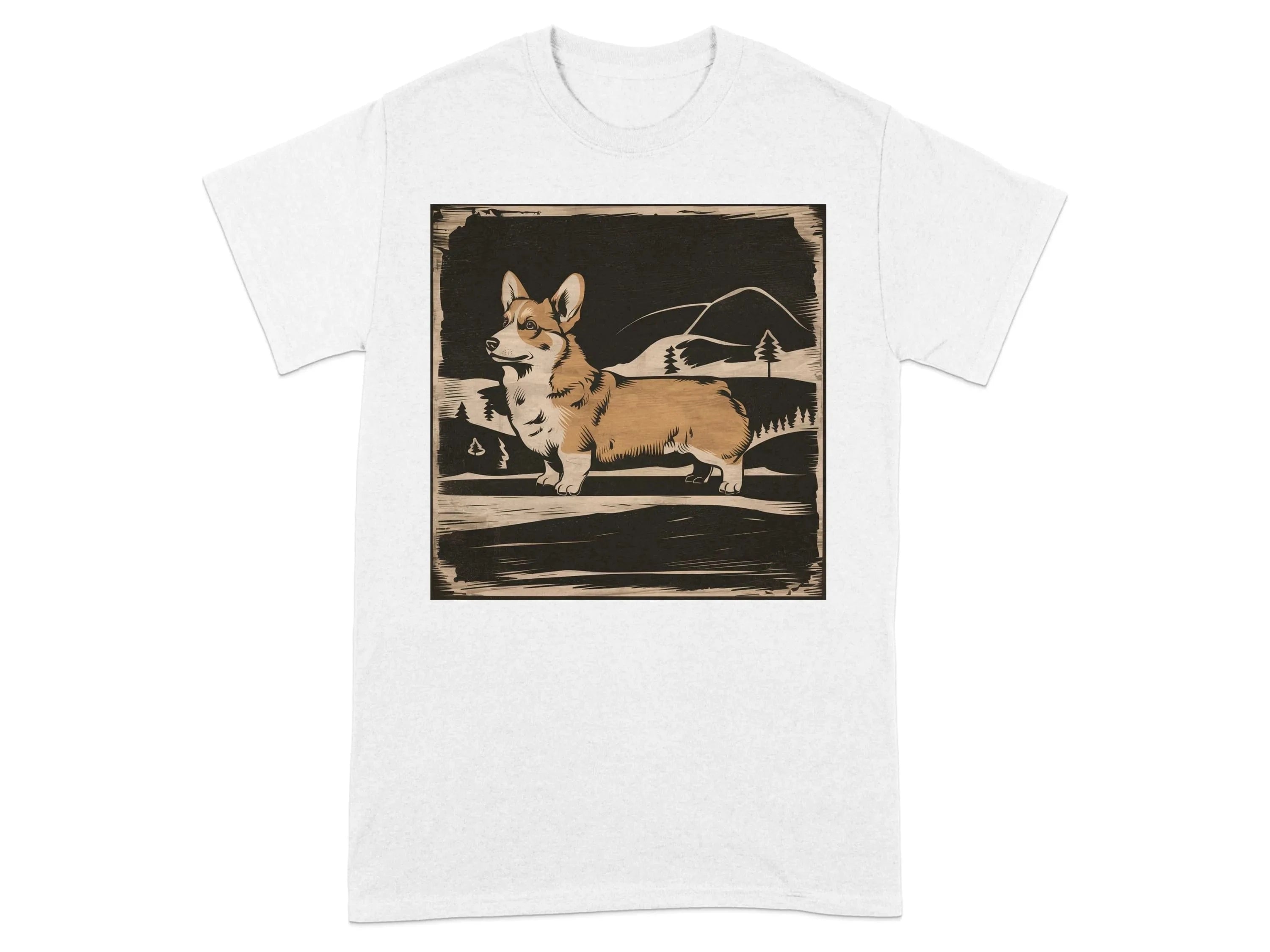 Cute Corgi with Mountains Design T-Shirts White T-shirt