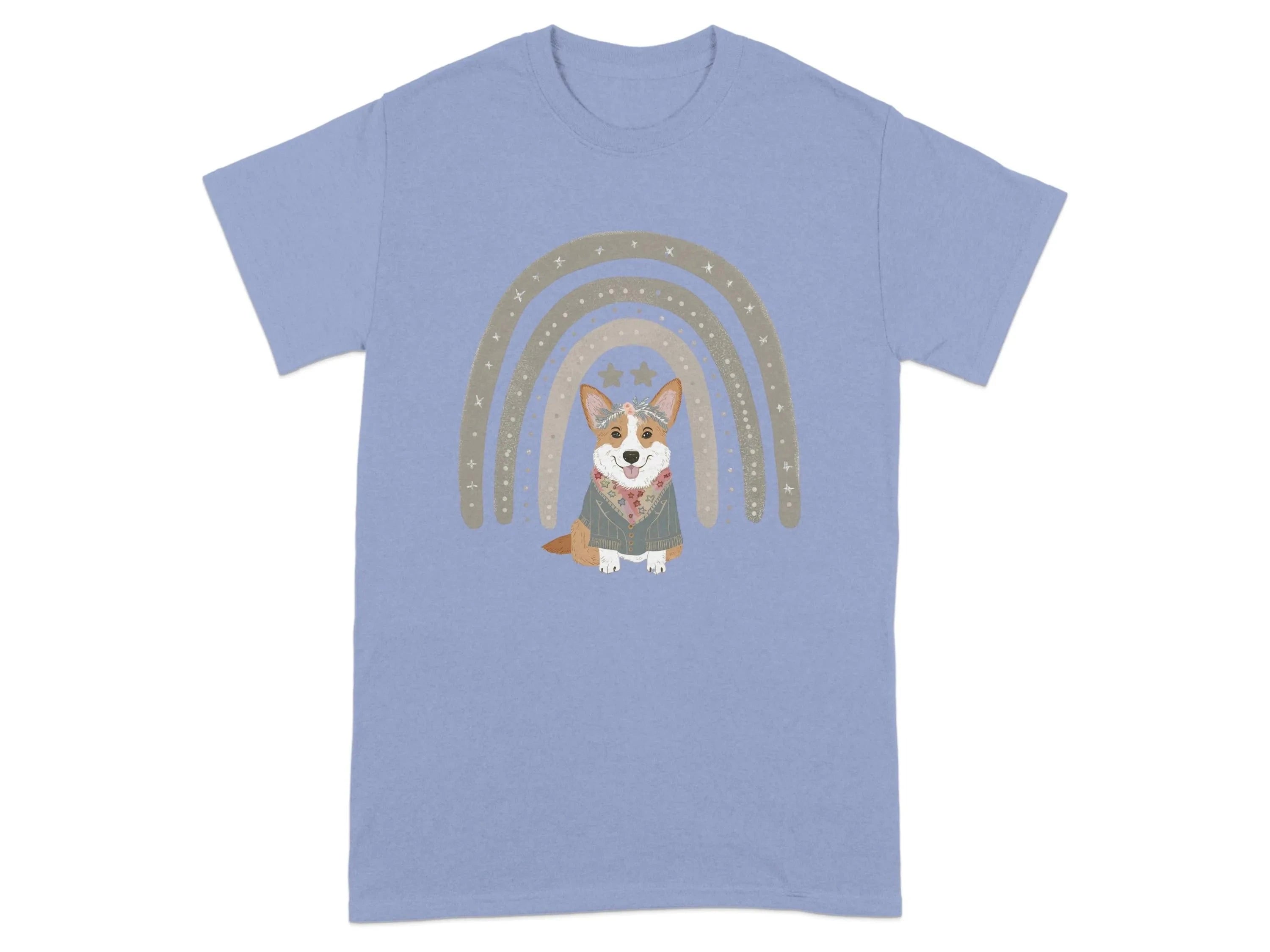 Cute Corgi with Rainbow Stars Print T-Shirts Violet T-shirt