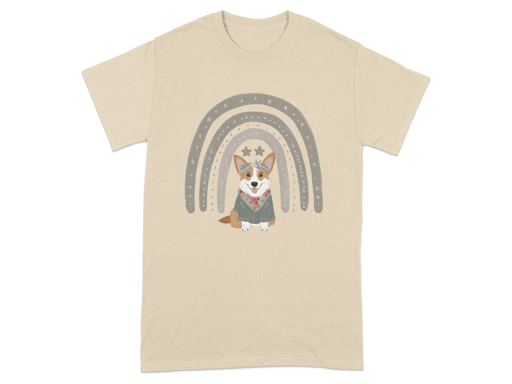 Cute Corgi with Rainbow Stars Print T-Shirts Sand T-shirt