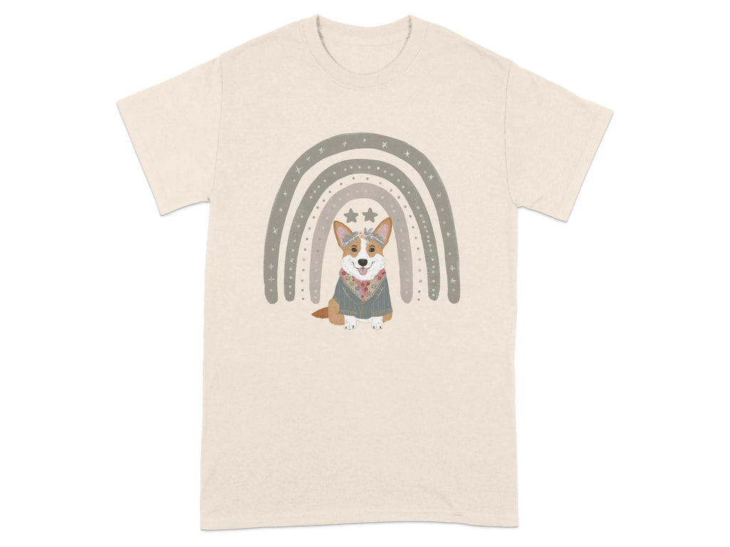 Cute Corgi with Rainbow Stars Print T-Shirts Natural T-shirt