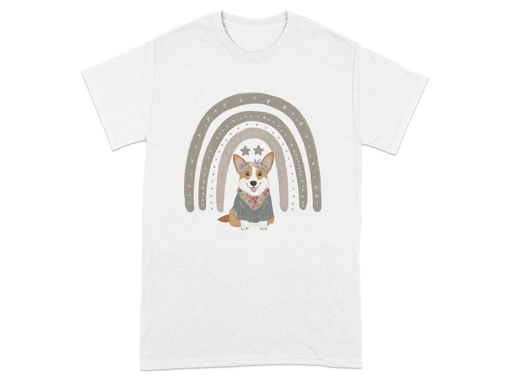 Cute Corgi with Rainbow Stars Print T-Shirts White T-shirt