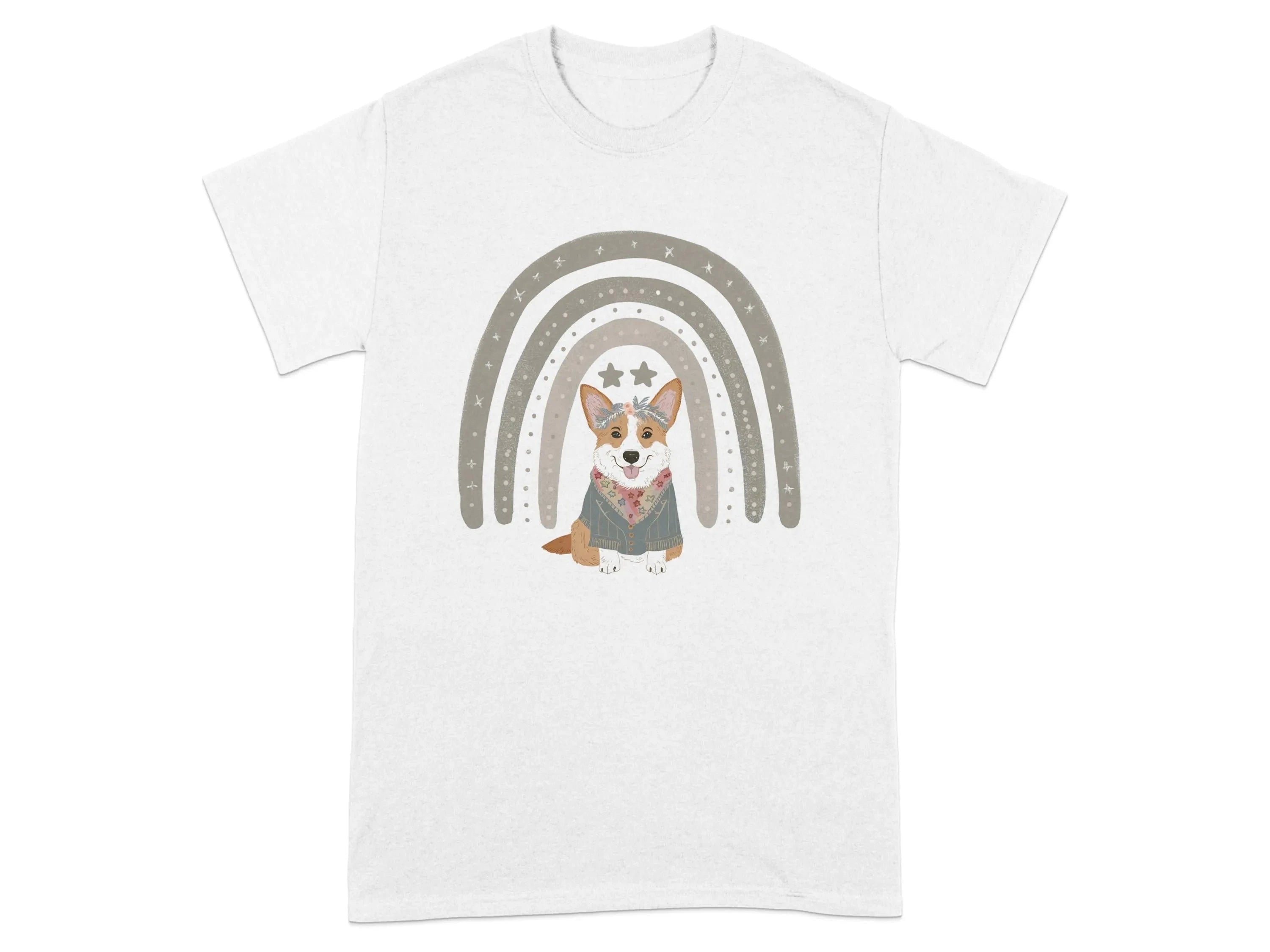 Cute Corgi with Rainbow Stars Print T-Shirts White T-shirt