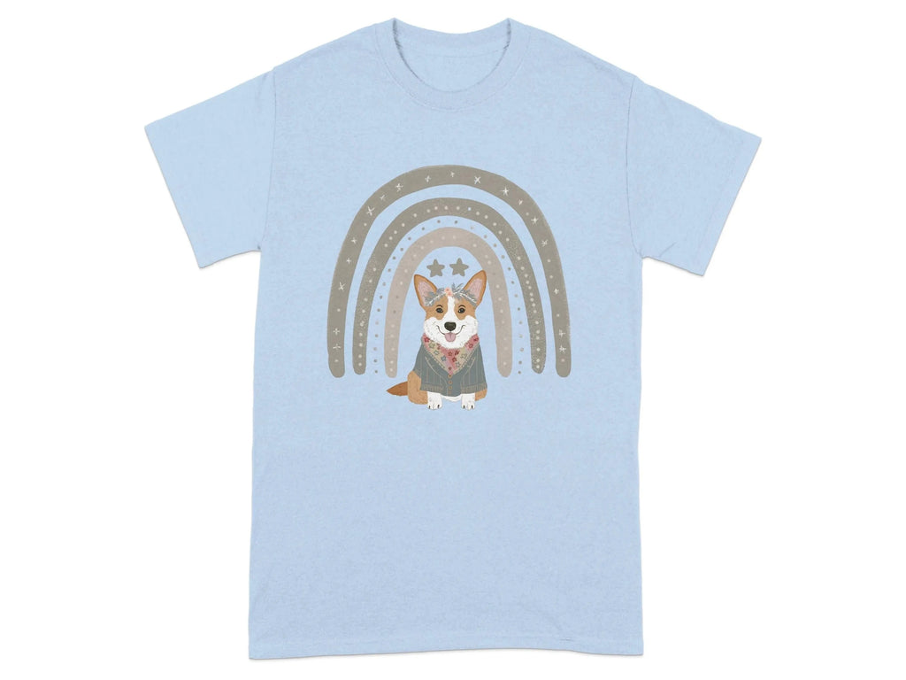 Cute Corgi with Rainbow Stars Print T-Shirts Light Blue T-shirt
