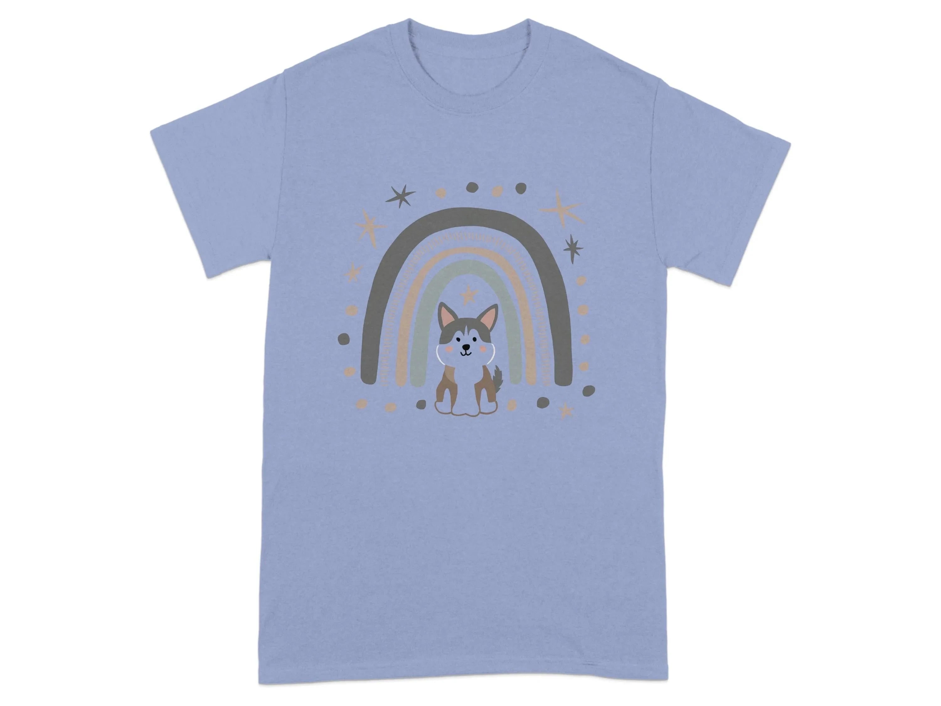 Cute Dog Under Rainbow with Stars T-Shirts Violet T-shirt