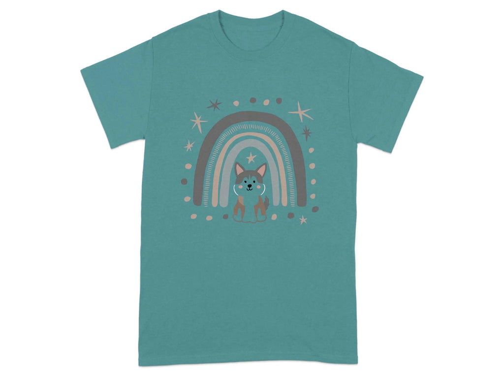 Cute Dog Under Rainbow with Stars T-Shirts Antique Jade Dome T-shirt