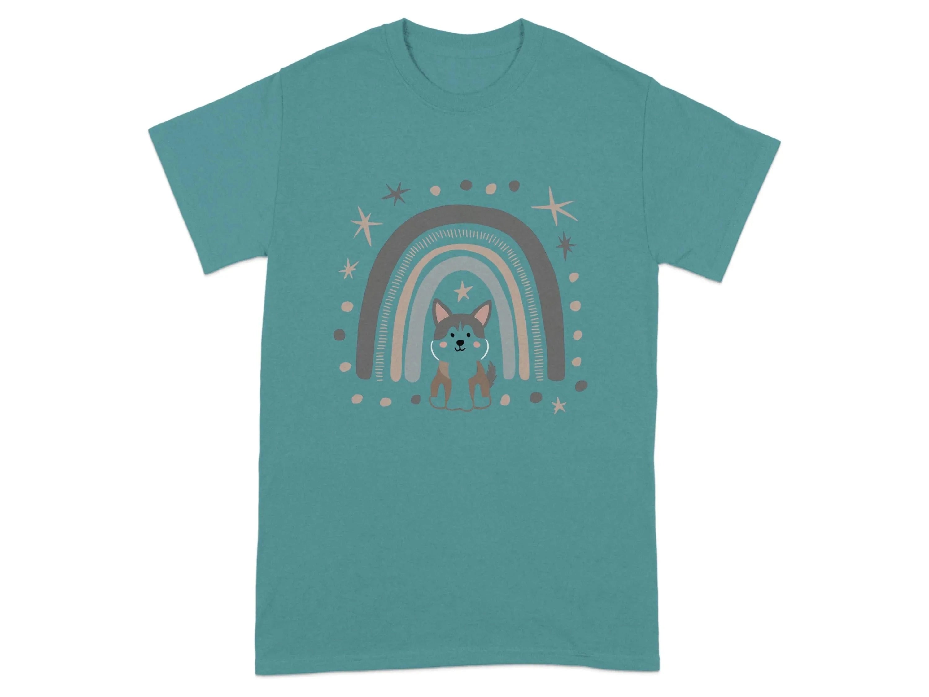 Cute Dog Under Rainbow with Stars T-Shirts Antique Jade Dome T-shirt