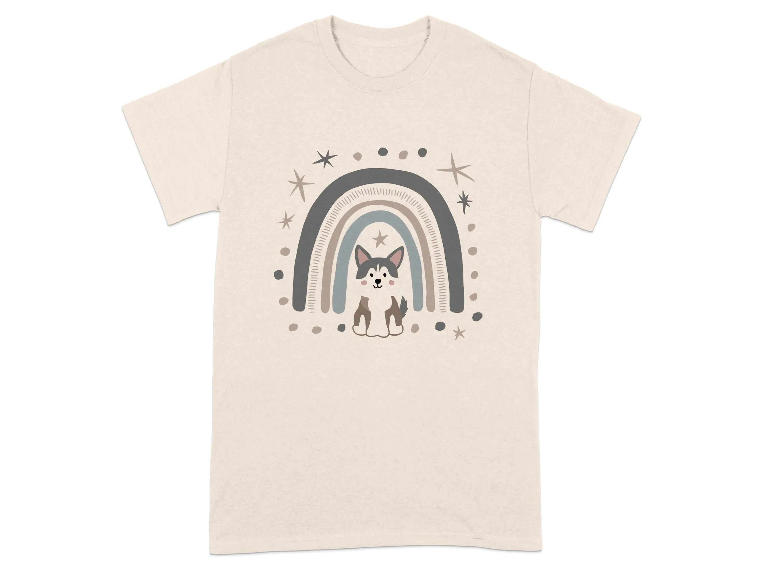 Cute Dog Under Rainbow with Stars T-Shirts Natural T-shirt