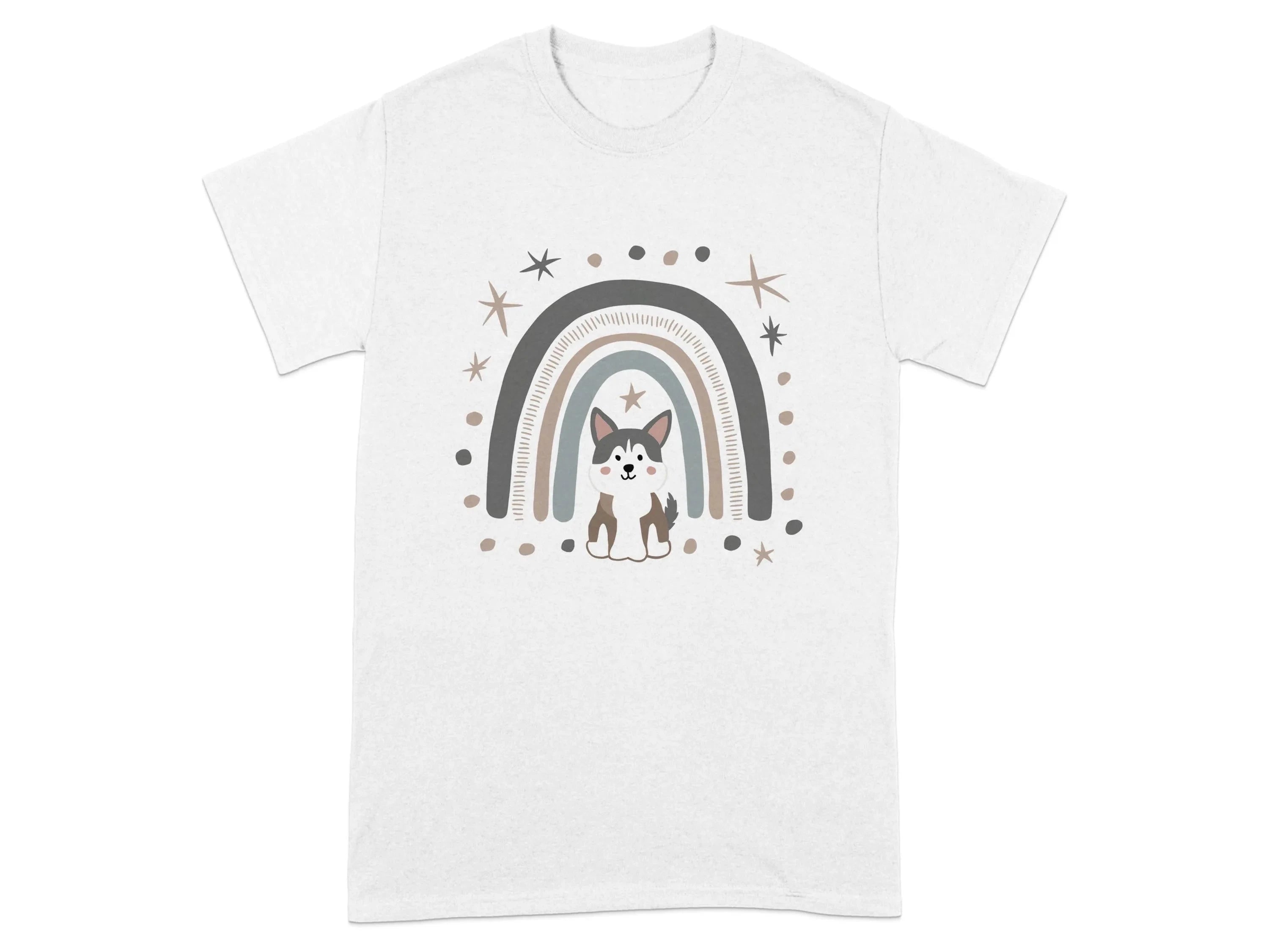 Cute Dog Under Rainbow with Stars T-Shirts White T-shirt