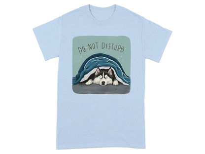 Do Not Disturb Sleeping Husky T-Shirts Light Blue T-shirt