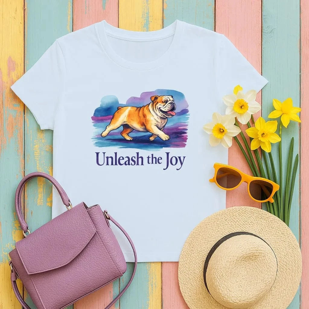Dog Unleash The Joy Bulldog T-Shirts Light Blue T-shirt
