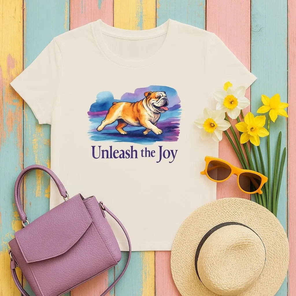 Dog Unleash The Joy Bulldog T-Shirts Sand T-shirt