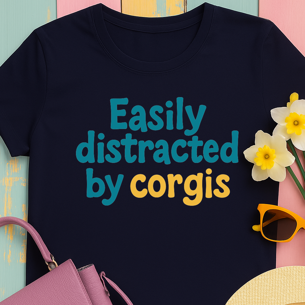 Corgi cute text "easily distracted by corgis" T-shirt