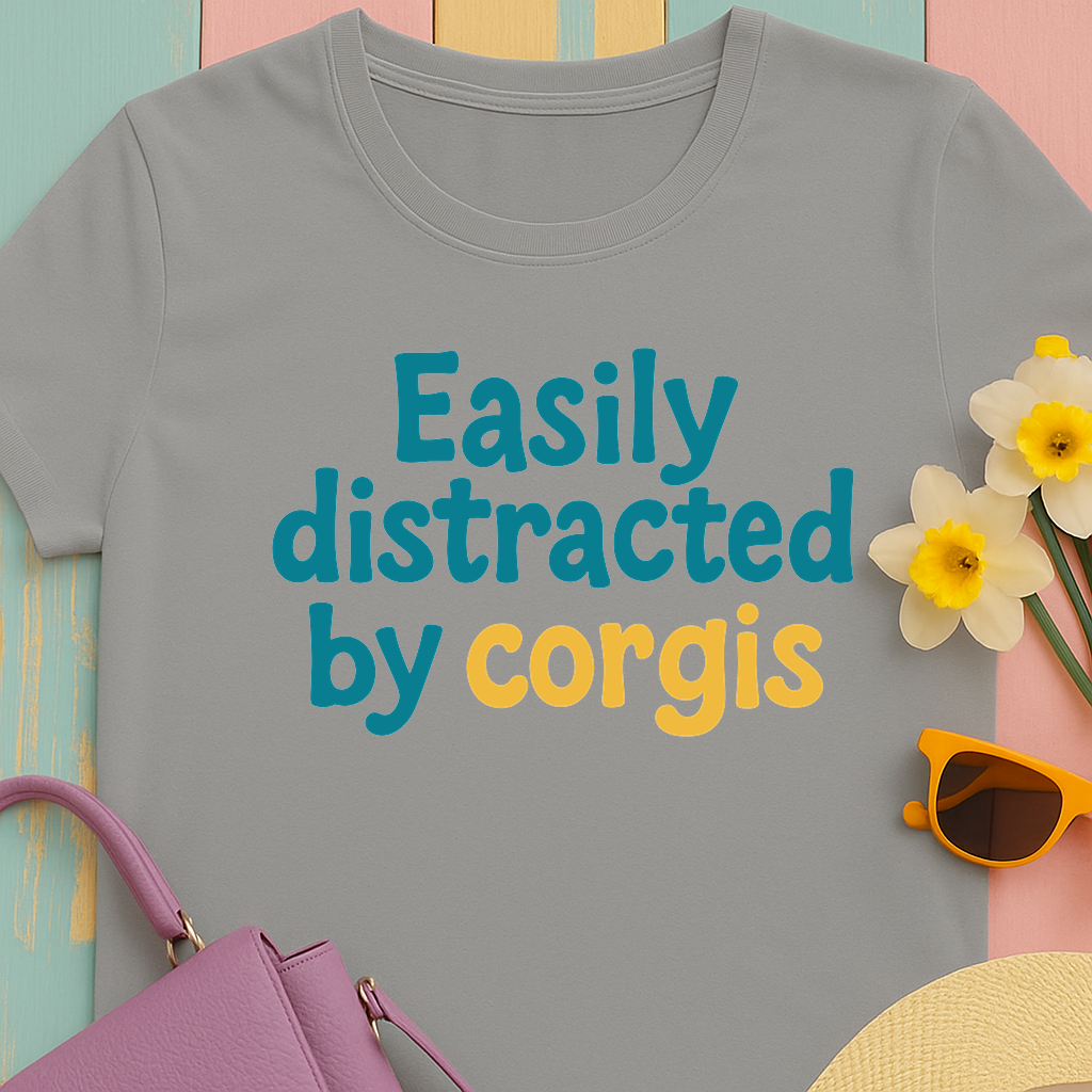 Corgi cute text "easily distracted by corgis" T-shirt