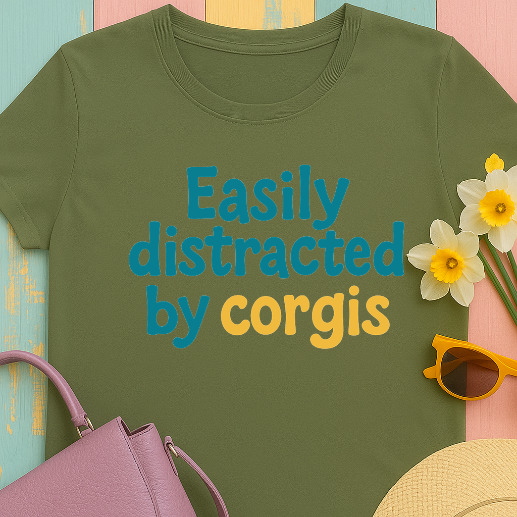 Corgi cute text "easily distracted by corgis" T-shirt