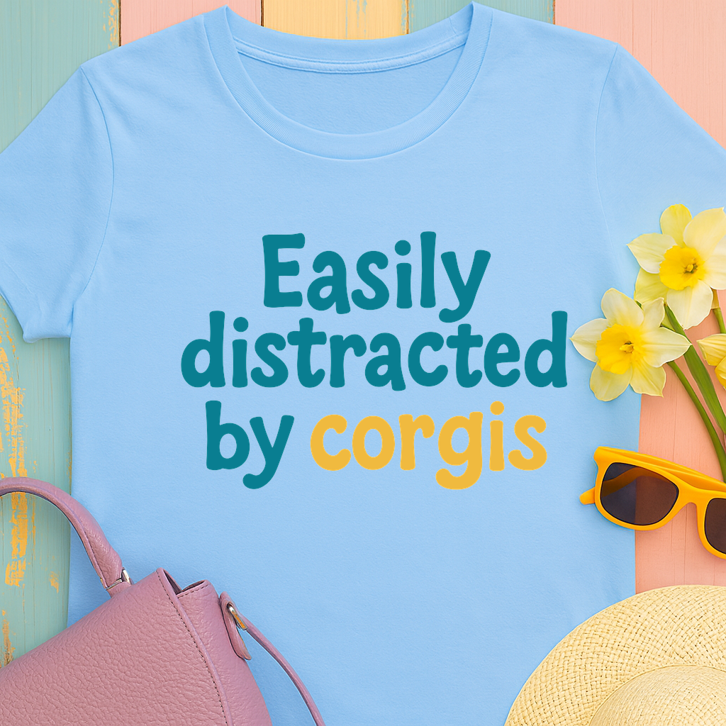 Corgi cute text "easily distracted by corgis" T-shirt