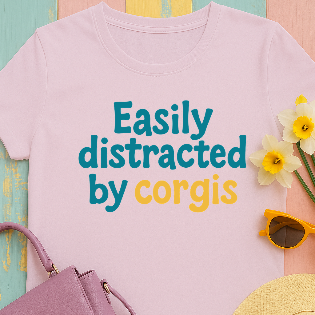 Corgi cute text "easily distracted by corgis" T-shirt