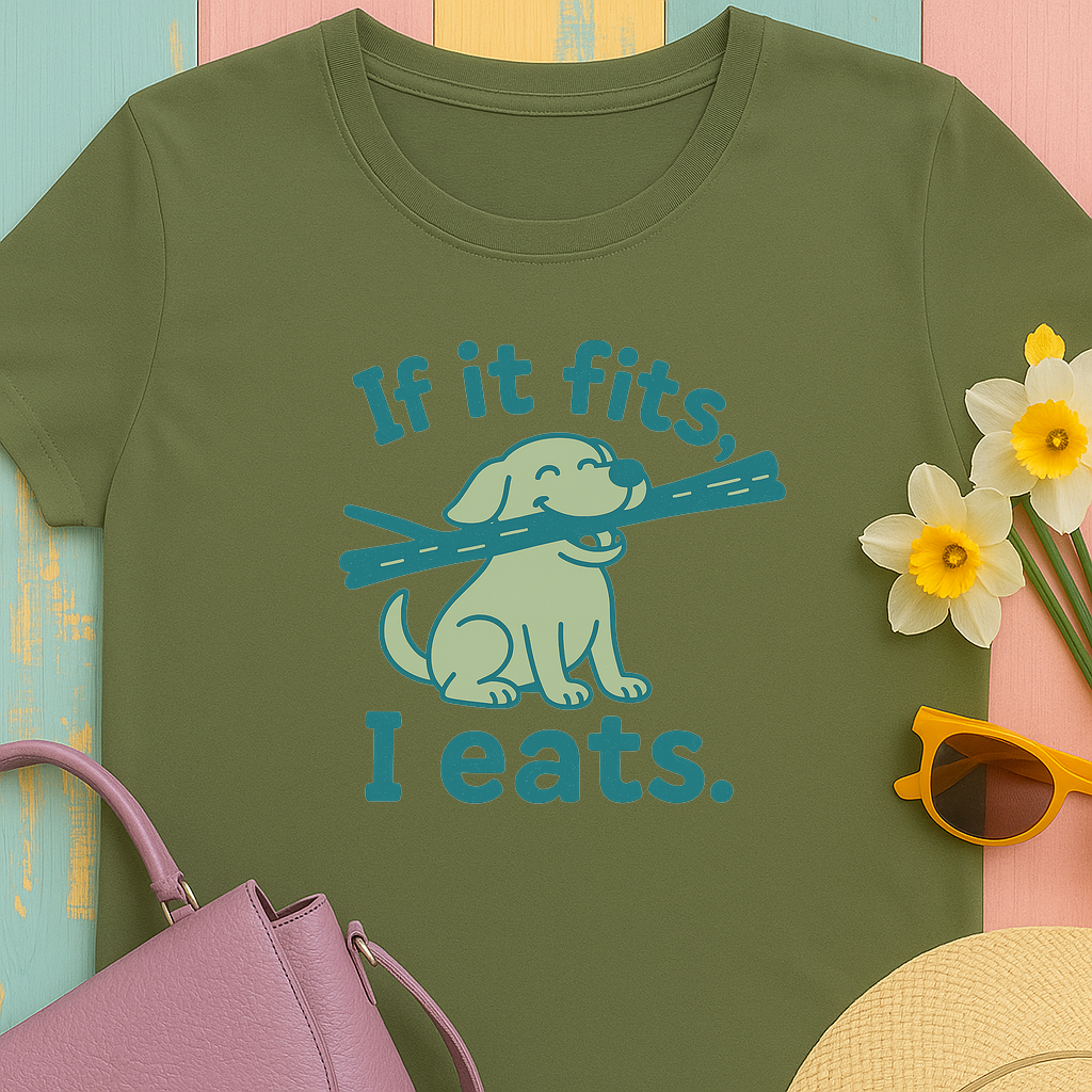 Golden Retriever with 'if it fits, I eats' Dog T-shirt