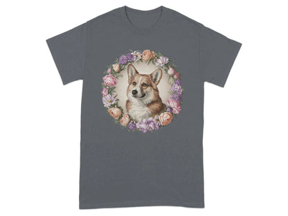 Floral Corgi with Elegant Flowers T-Shirts Charcoal T-shirt