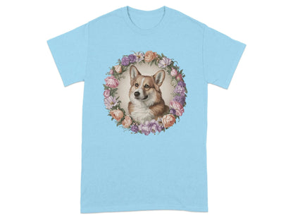 Floral Corgi with Elegant Flowers T-Shirts Sky T-shirt