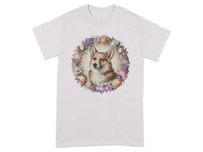 Floral Corgi with Elegant Flowers T-Shirts Ice Grey T-shirt