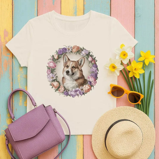 Floral Corgi with Elegant Flowers T-Shirts T-shirt