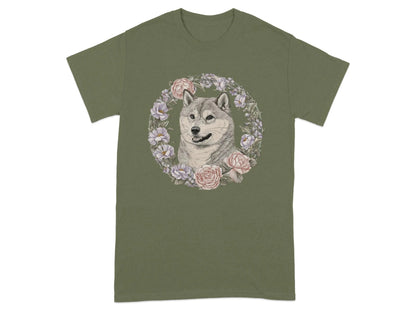 Floral Wreath Shiba Inu T-Shirts Military Green T-shirt