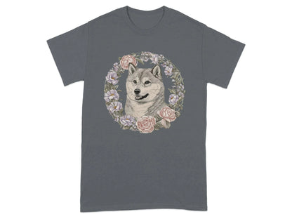 Floral Wreath Shiba Inu T-Shirts Charcoal T-shirt
