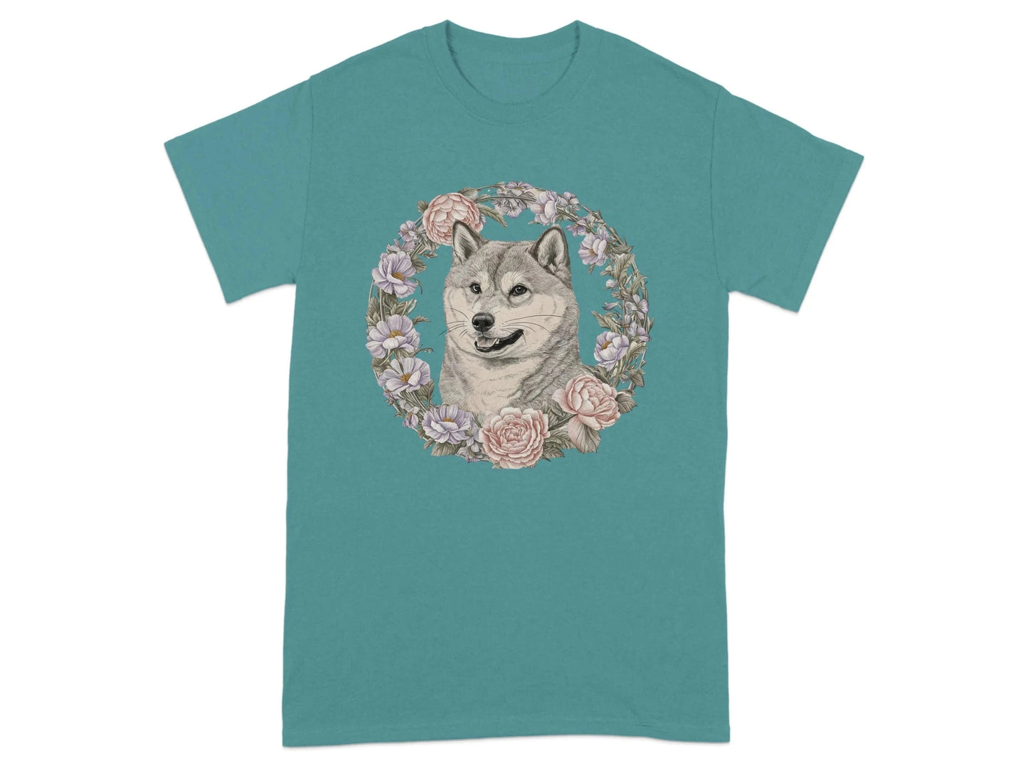Floral Wreath Shiba Inu T-Shirts Antique Jade Dome T-shirt