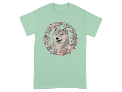 Floral Wreath Shiba Inu T-Shirts Mint Green T-shirt