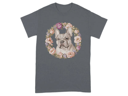 French Bulldog Floral Wreath T-Shirts Charcoal T-shirt