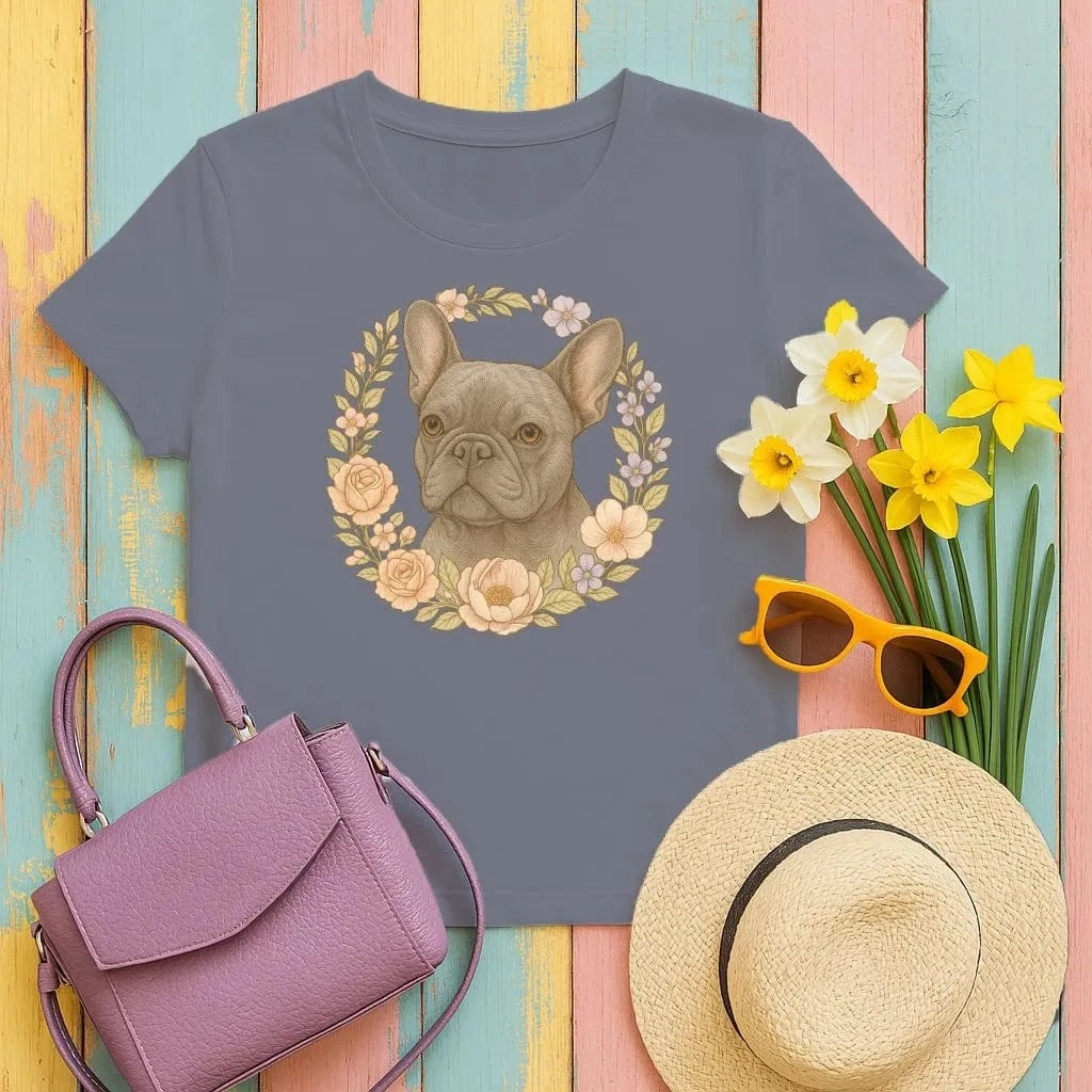 French Bulldog With Floral Wreath Pet Portrait T-Shirts Navy Blue T-shirt
