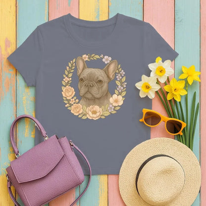 French Bulldog With Floral Wreath Pet Portrait T-Shirts Navy Blue T-shirt