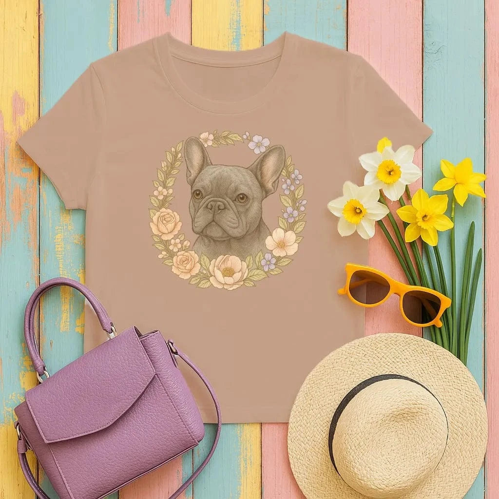 French Bulldog With Floral Wreath Pet Portrait T-Shirts Texas Orange T-shirt