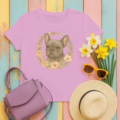 French Bulldog With Floral Wreath Pet Portrait T-Shirts Heather Radiant Orchid T-shirt