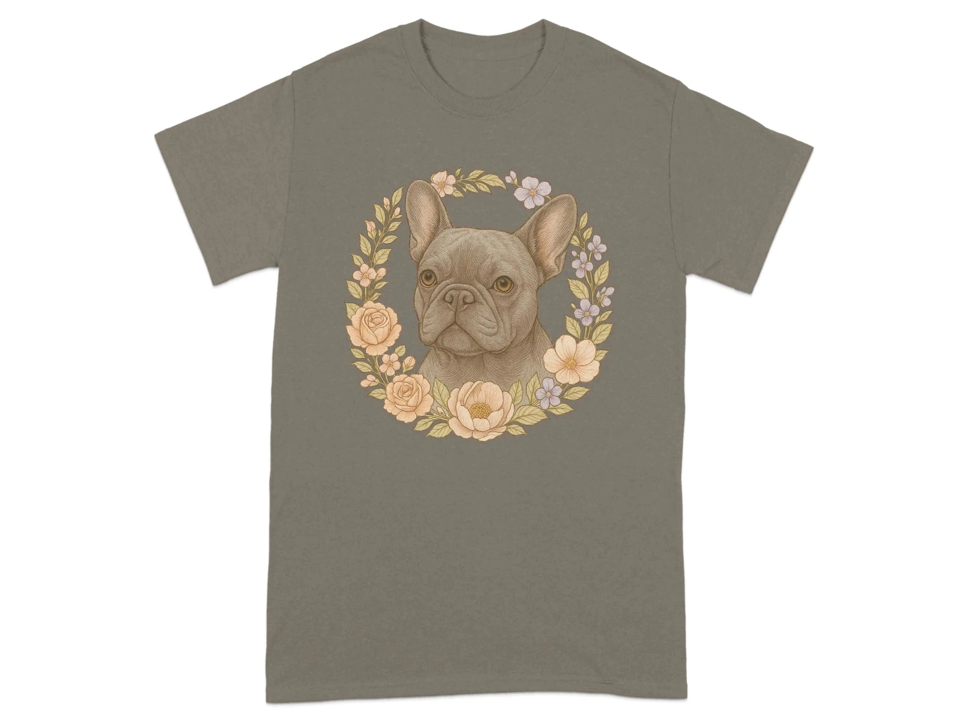 French Bulldog With Floral Wreath Pet Portrait T-Shirts T-shirt