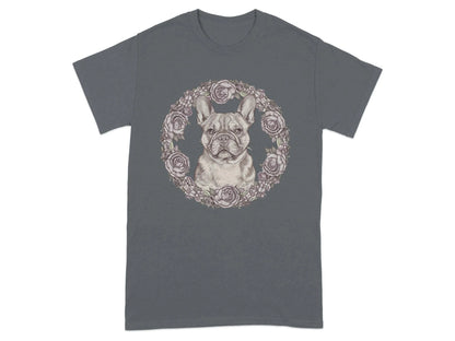 French Bulldog with Floral Wreath Design T-Shirts Charcoal T-shirt