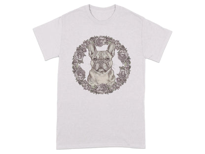 French Bulldog with Floral Wreath Design T-Shirts Ice Grey T-shirt