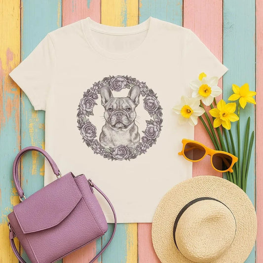 French Bulldog with Floral Wreath Design T-Shirts T-shirt