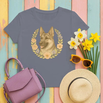 German Shepherd Floral Wreath T-Shirts Navy Blue T-shirt