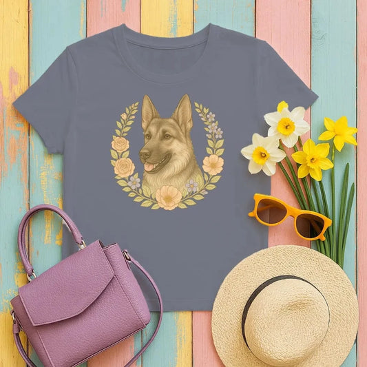 German Shepherd Floral Wreath T-Shirts Navy Blue T-shirt